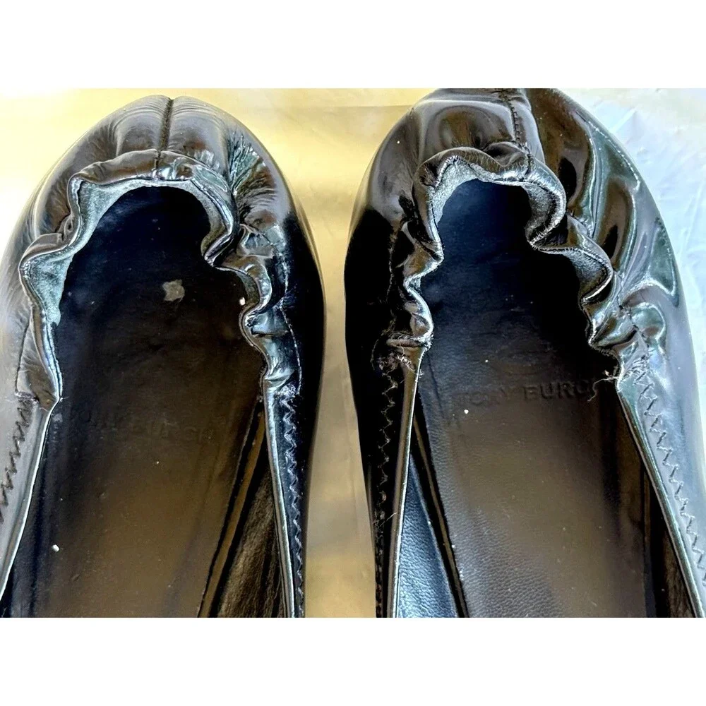 Tory Burch Reva Black Patent Leather  w/ Logo Travel Ballet Flats Shoes 7.5